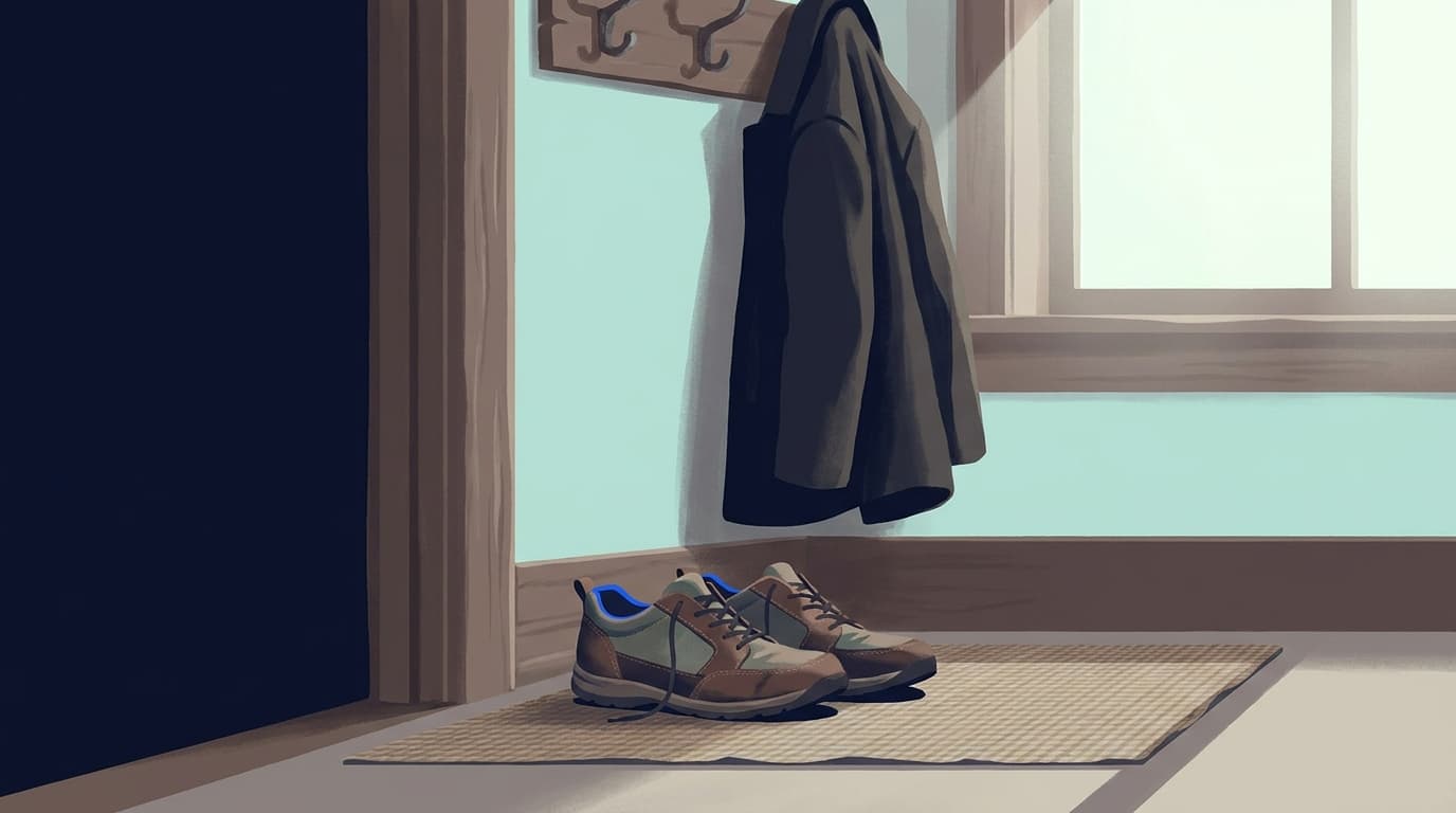 A pair of walking shoes by a front door in morning light, ready to be picked up again