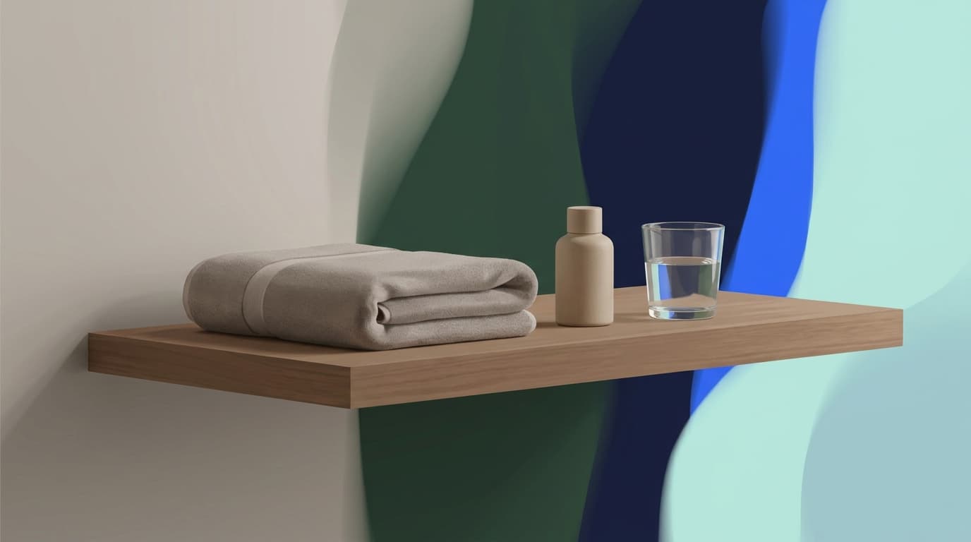 A bathroom shelf with a folded towel, a small unlabelled bottle and a glass of water in soft daylight