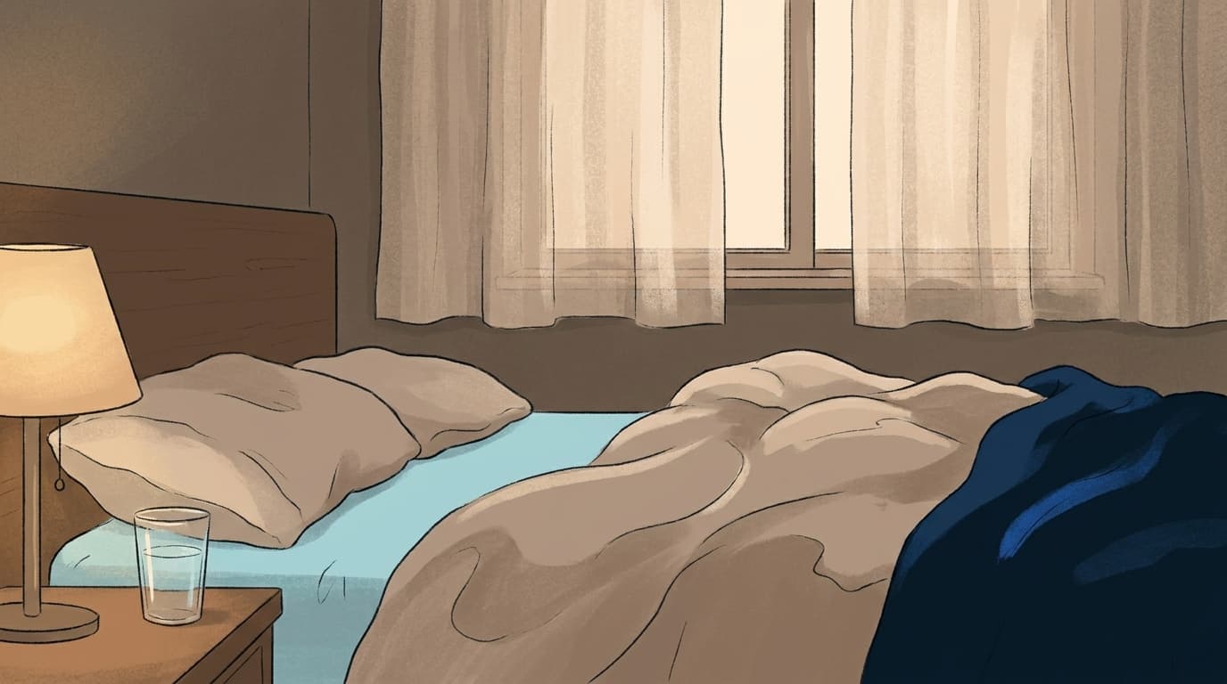 A quiet bedroom at dusk, soft light through half-closed curtains, an unmade bed and a bedside lamp