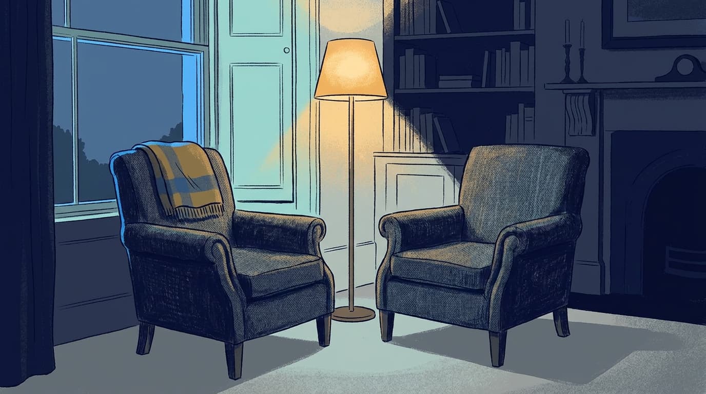 Two armchairs turned slightly towards each other in a quiet living room, lamplight, early evening.