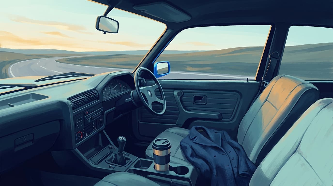 A quiet motorway at early morning light, seen from inside a parked car, with a folded jacket on the passenger seat.