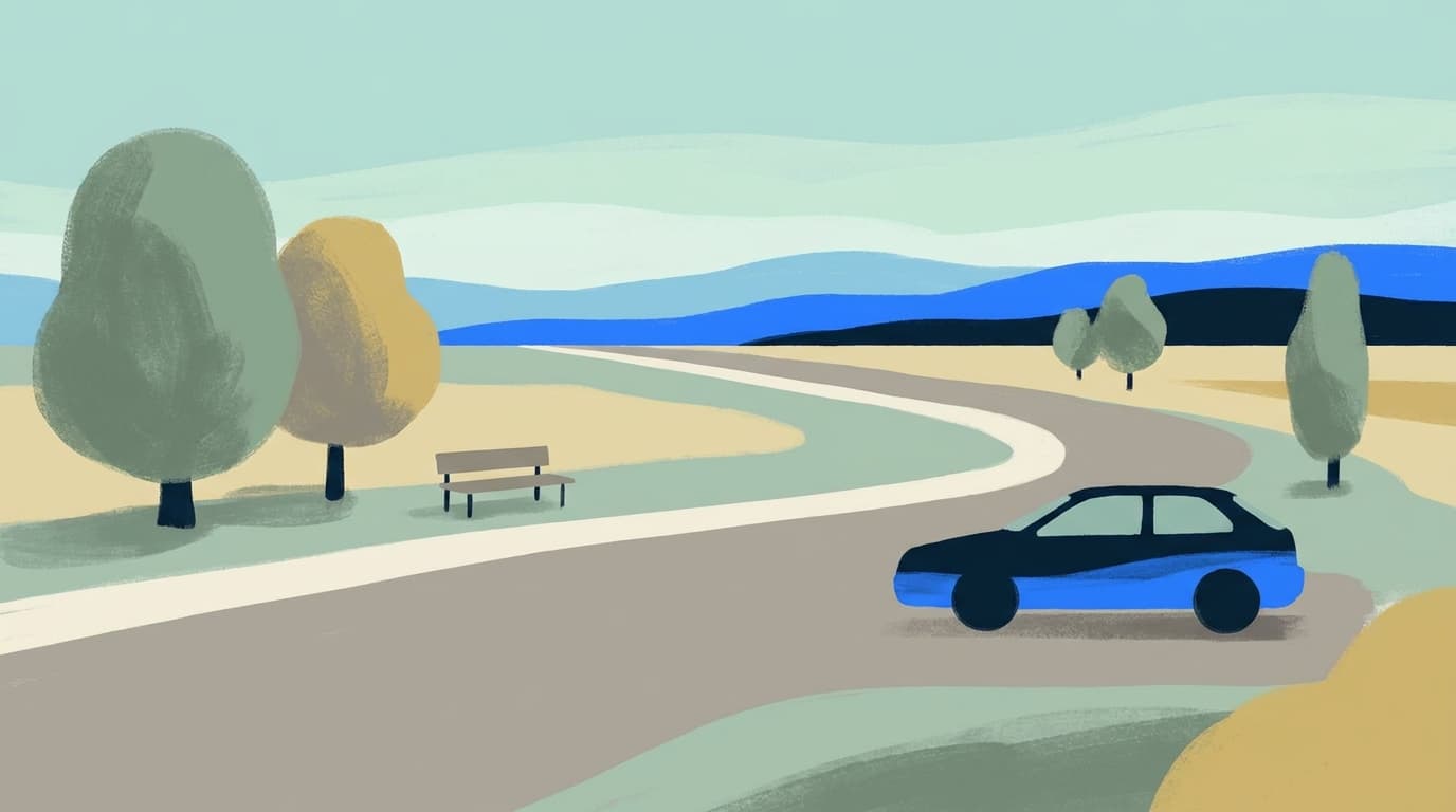 A motorway rest area with trees and a bench, seen from a distance in soft daylight