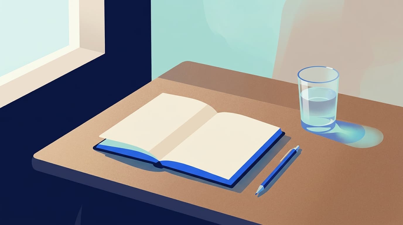 Un carnet ouvert et un stylo posés sur une table, à côté d'un verre d'eau