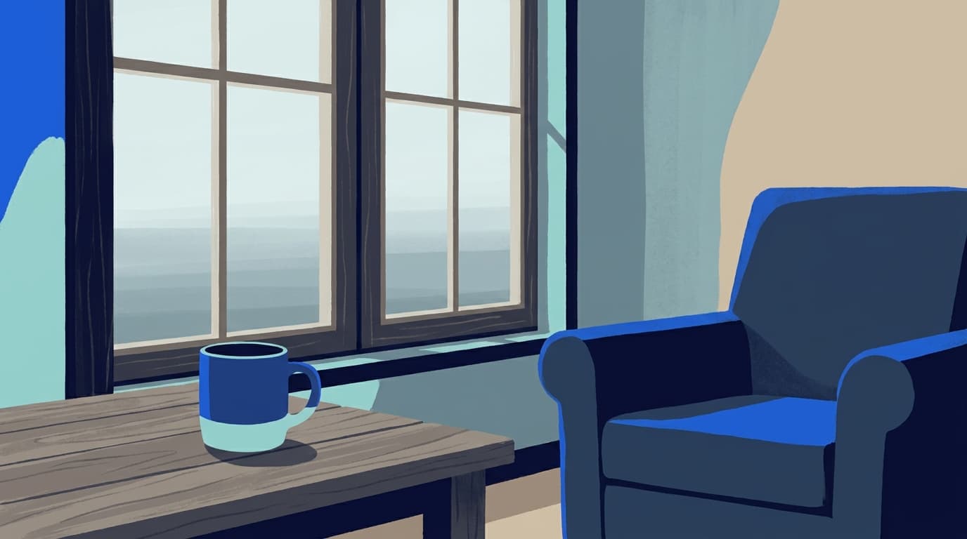 Une tasse posée près d'une fenêtre au petit matin, lumière douce, intérieur calme