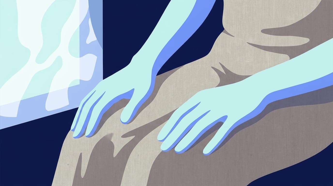 A pair of hands resting open on a lap, calm and still, in soft daylight