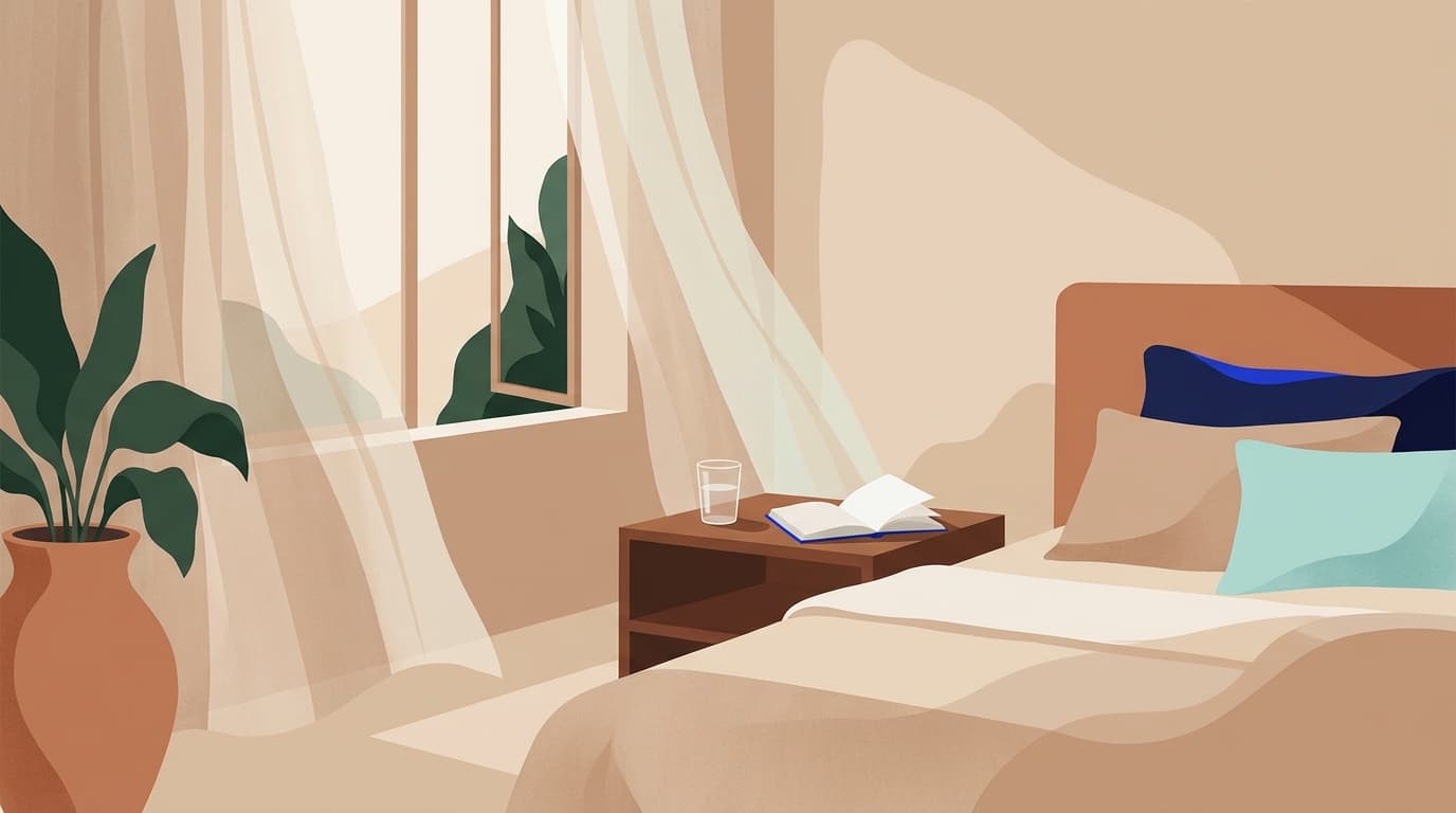 A quiet bedroom at dawn with soft light through linen curtains and a glass of water on a bedside table