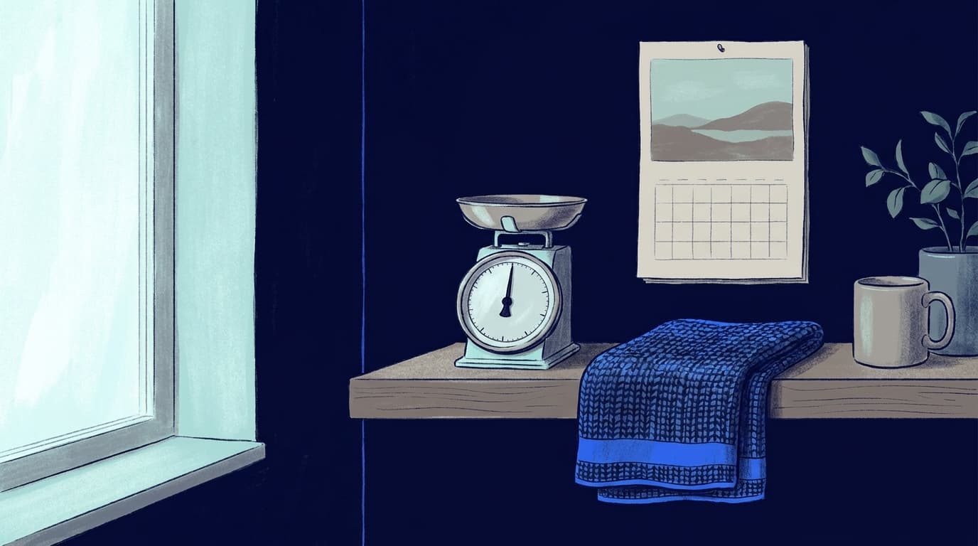 Une balance de cuisine et un calendrier mural, posés dans une salle de bains rangée