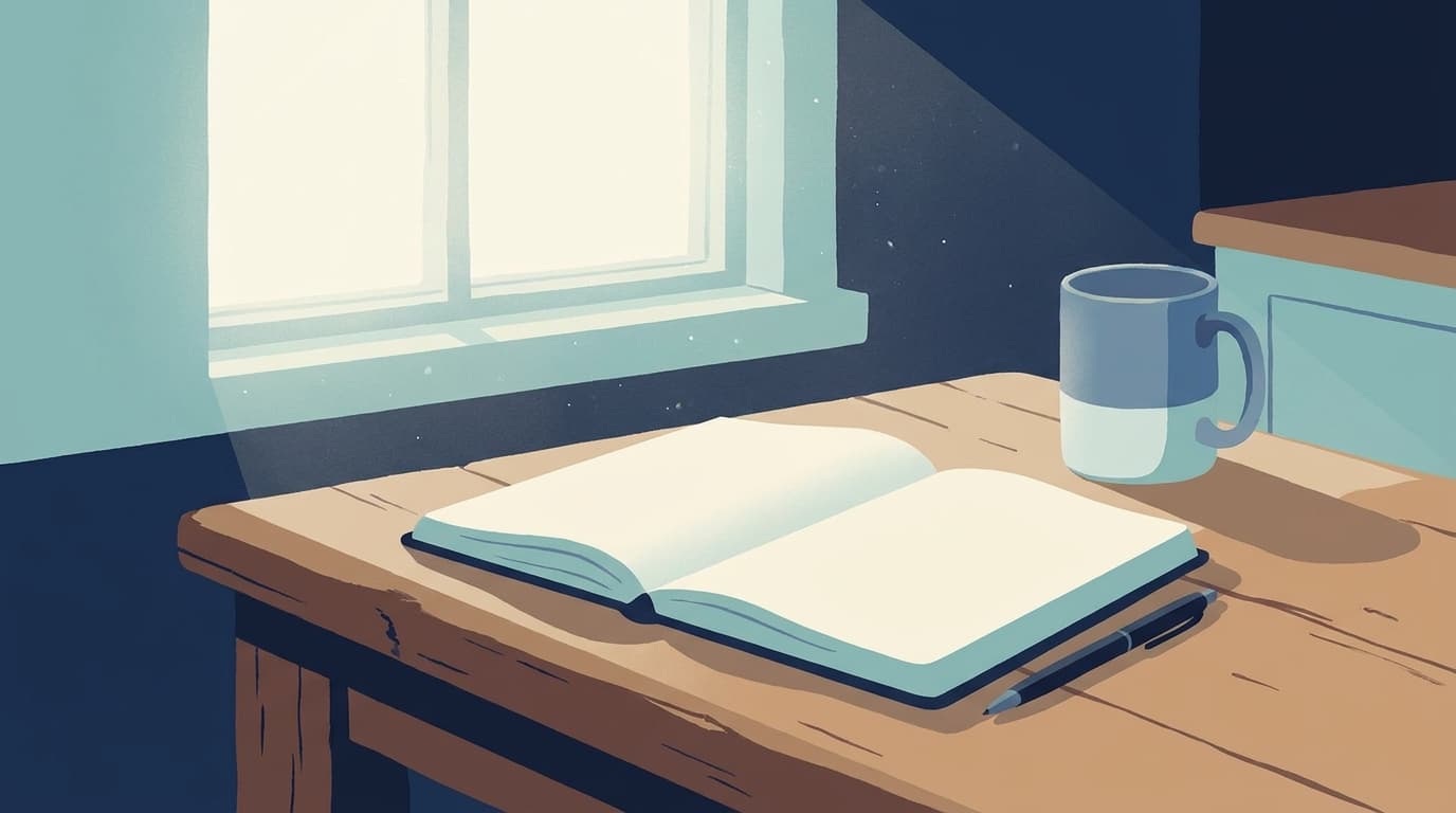 Un carnet ouvert et un stylo posés sur une table de cuisine, près d'une tasse, dans une lumière douce du matin