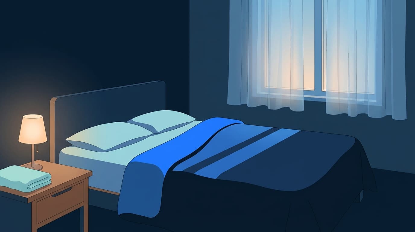 Ein Bett mit zurückgeschlagener Decke und einem Handtuch auf dem Nachttisch, warmes Abendlicht
