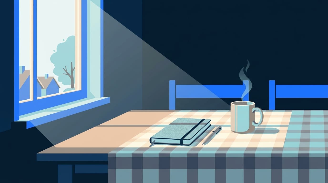 A notebook and pen on a kitchen table beside a mug, morning light through the window