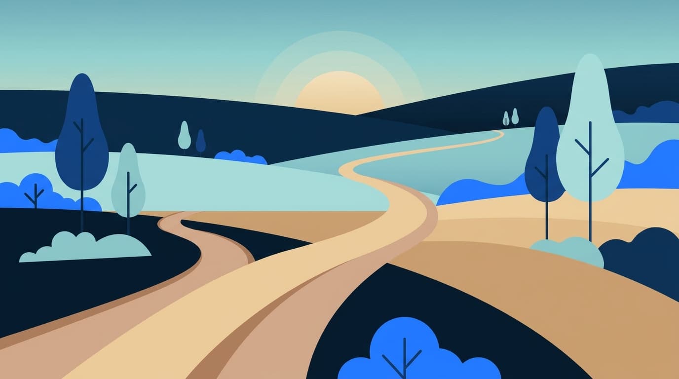 Two paths converging into one quiet road at dawn, drawn in soft muted colours