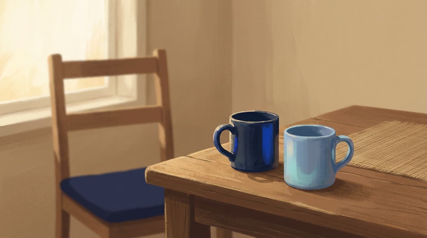 Two mugs on a kitchen table in morning light, one slightly closer to the other