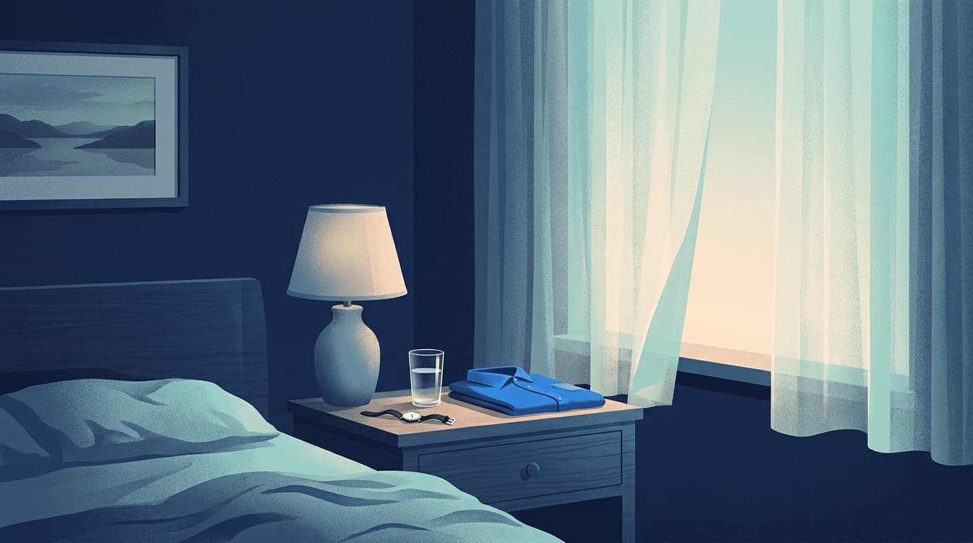A bedside table at dawn with a folded shirt, a glass of water and a wristwatch, soft morning light
