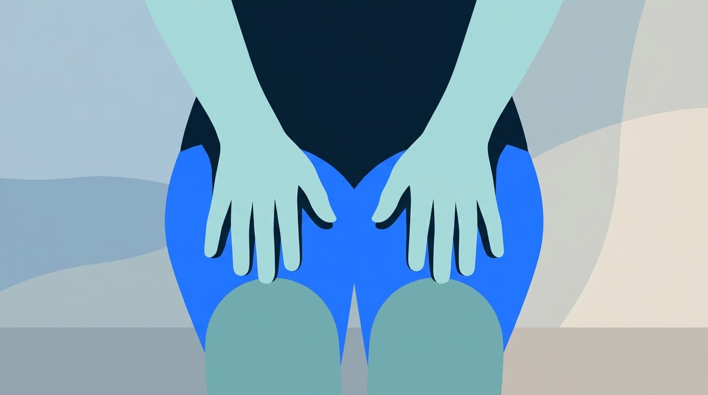 Hands resting flat on the thighs of a seated person, used as a check for unwanted movement