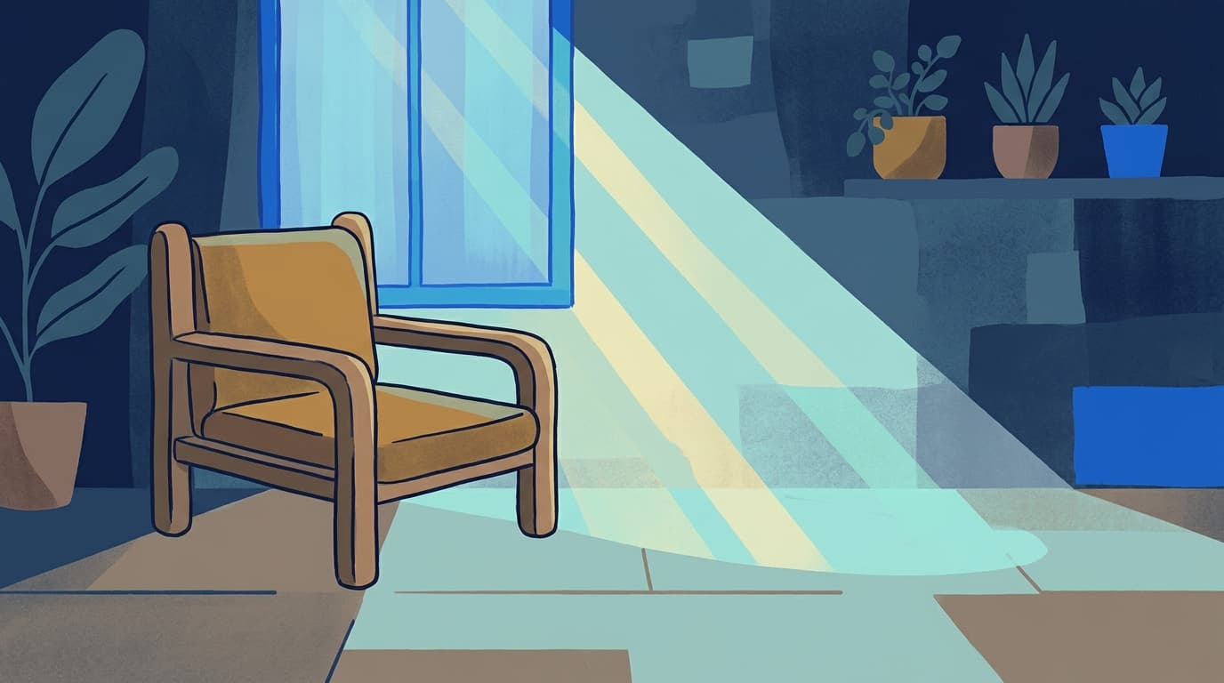 A quiet bedroom chair by a window, morning light on the floor, nobody in the room