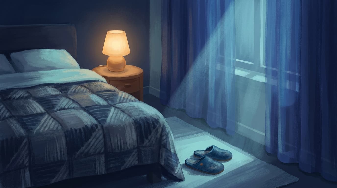 Ruhiges Schlafzimmer bei Nacht mit gemachtem Bett und warmem Nachtlicht neben der Tür