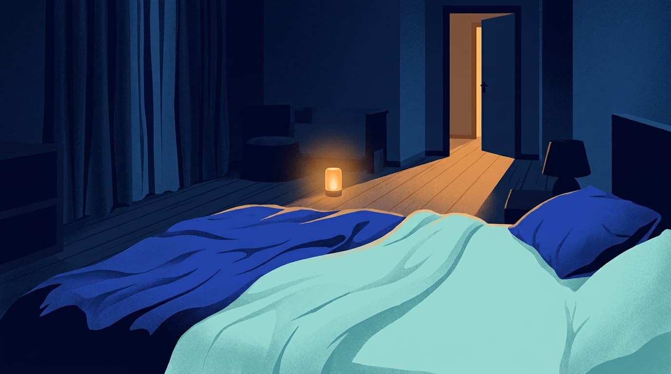 A dark bedroom at night with a low warm nightlight glowing along the skirting board and a doorway open to the hall.