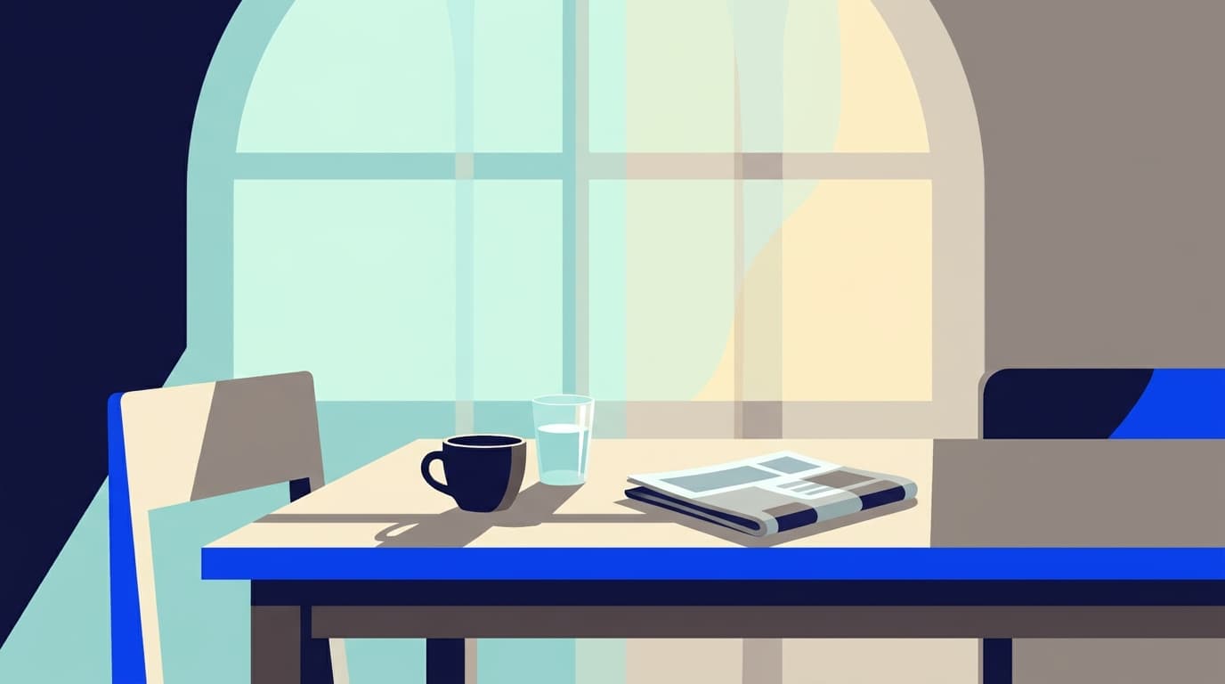 A kitchen table in morning light with a glass of water beside a single cup of coffee