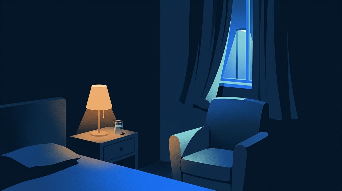 A quiet bedside table at night with a glass of water and a lamp casting soft light
