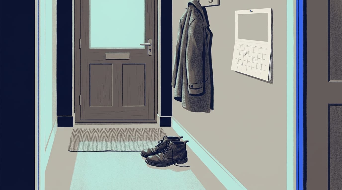 A pair of walking shoes by a back door, with a week's calendar page pinned nearby