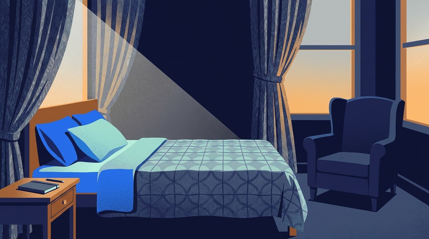 A quiet bedroom at dawn with a made bed and a notebook on the side table