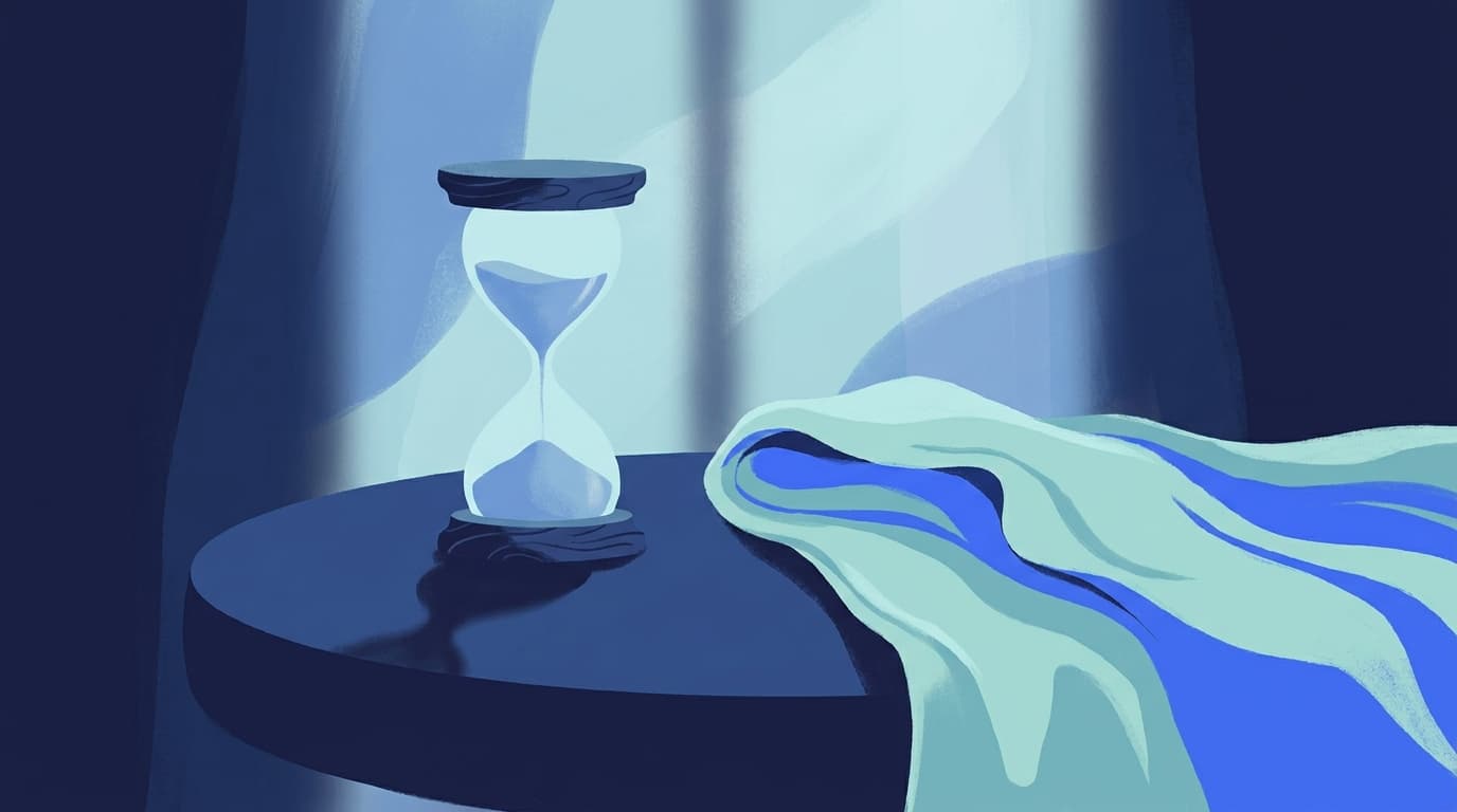 Illustration apaisée d'un sablier posé sur une table en bois, symbolisant les temps de contraction et de repos