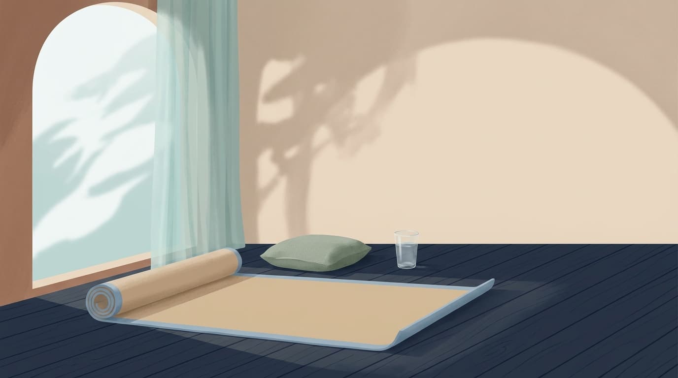 Tapis de sol déroulé près d'une fenêtre, avec un coussin et un verre d'eau, dans une lumière calme du matin