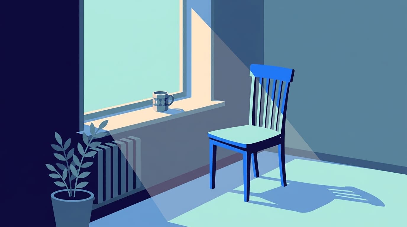 A kitchen chair beside a window, with a mug on the sill and afternoon light across the seat