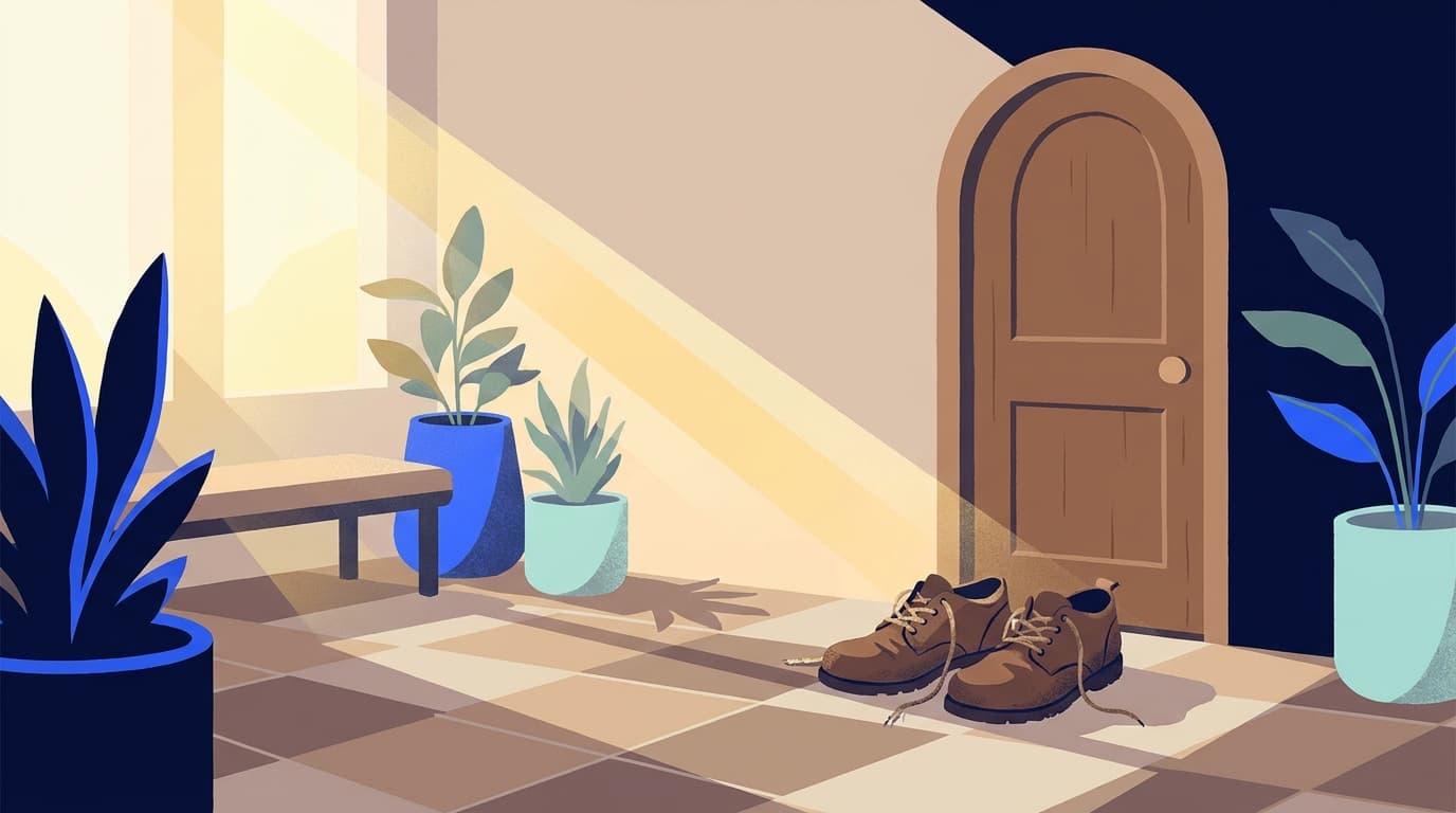A pair of walking shoes resting by a quiet back door in morning light