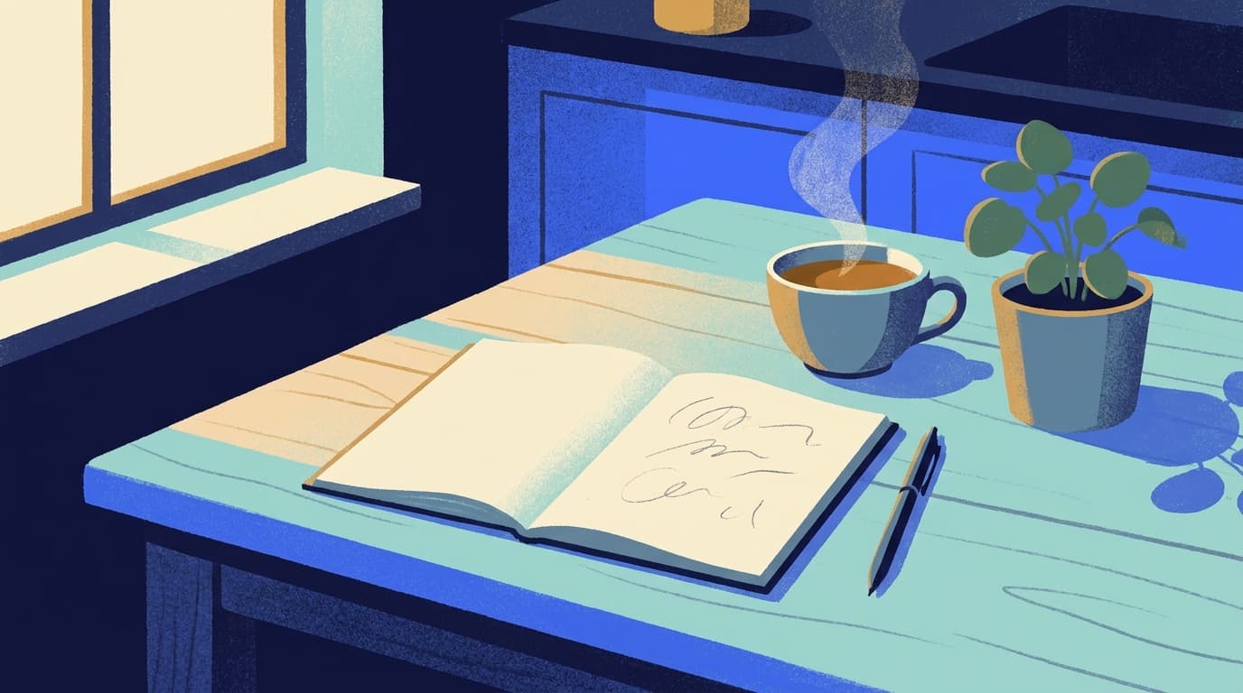 An open notebook and a pen on a kitchen table beside a cup of tea, marking a few minutes of daily practice