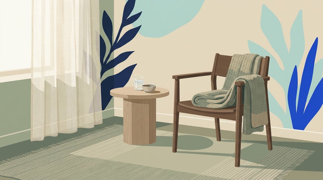 A quiet bedroom corner with a folded blanket on a chair and soft morning light through a window