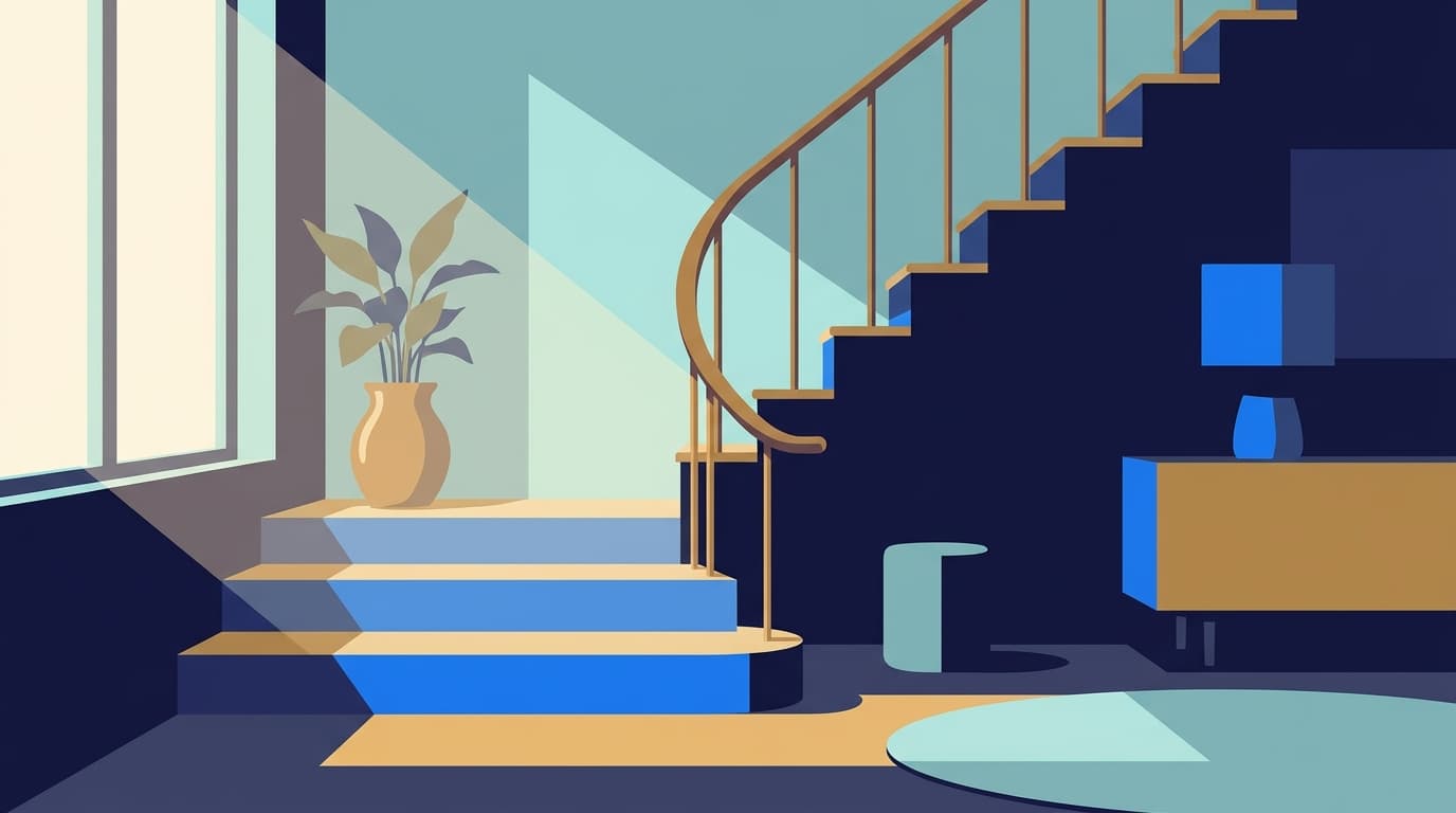 An illustration of a staircase rising gently from left to right in soft light, suggesting steady progress