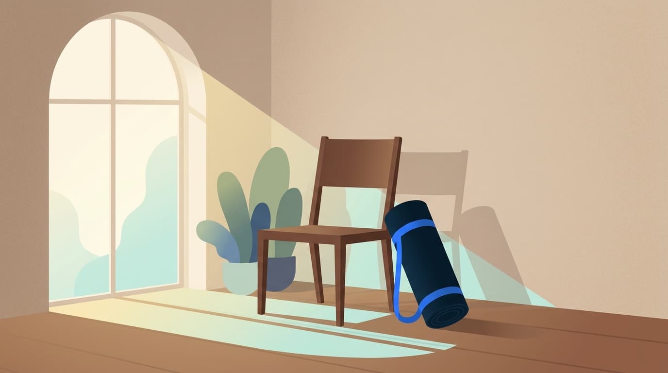 A simple illustration of a firm wooden chair beside a floor mat in a quiet, sunlit room