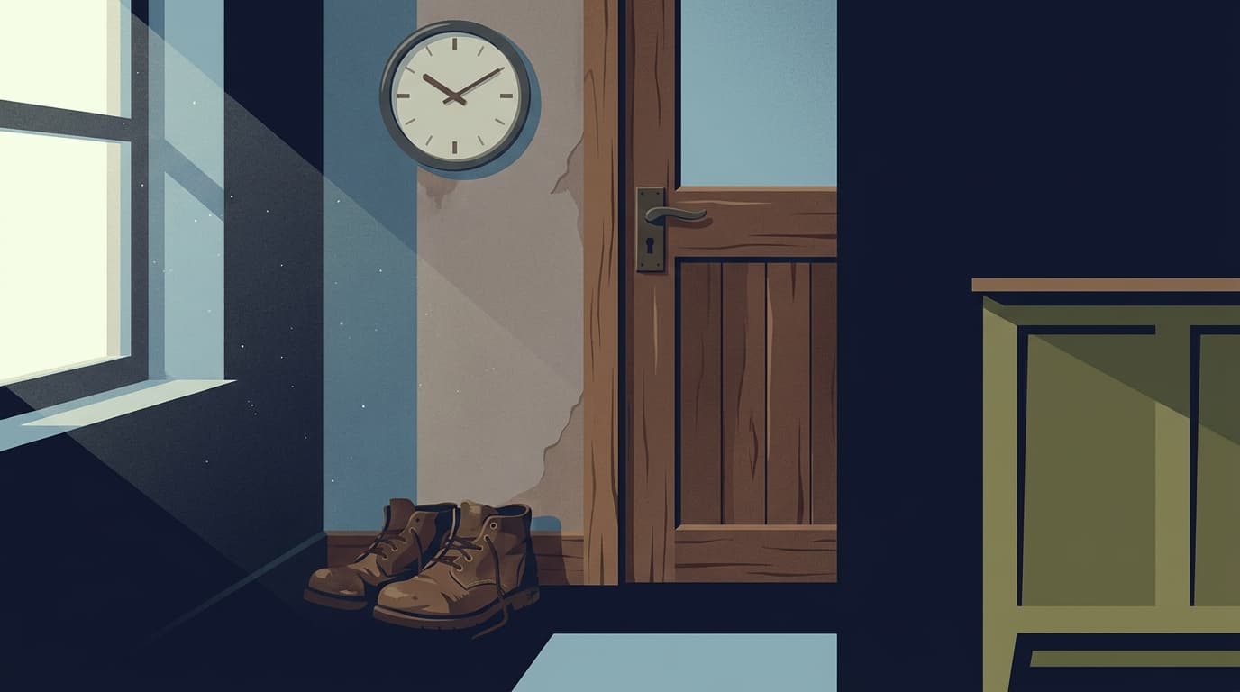 A pair of walking shoes by a back door, with a kitchen clock on the wall above