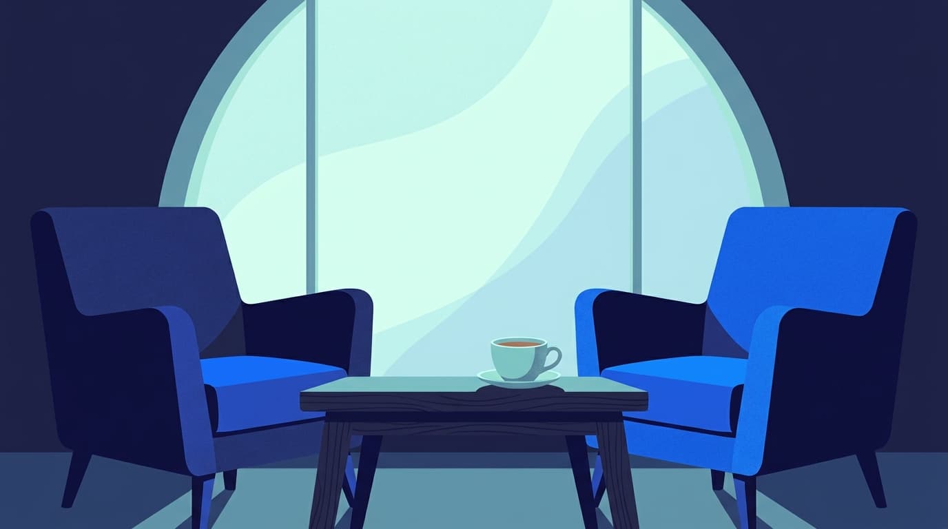 Two empty chairs facing each other across a quiet table, morning light on a cup of tea
