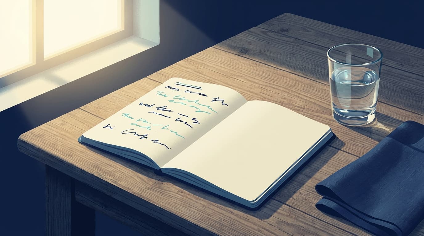A weekly notebook open on a kitchen table, with a short line written for each week
