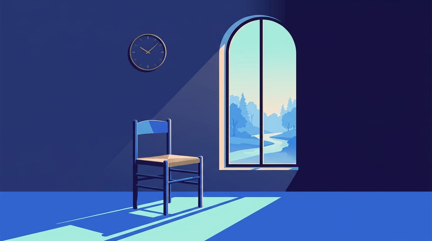 A kitchen chair beside a window, with a clock on the wall showing a quiet pause