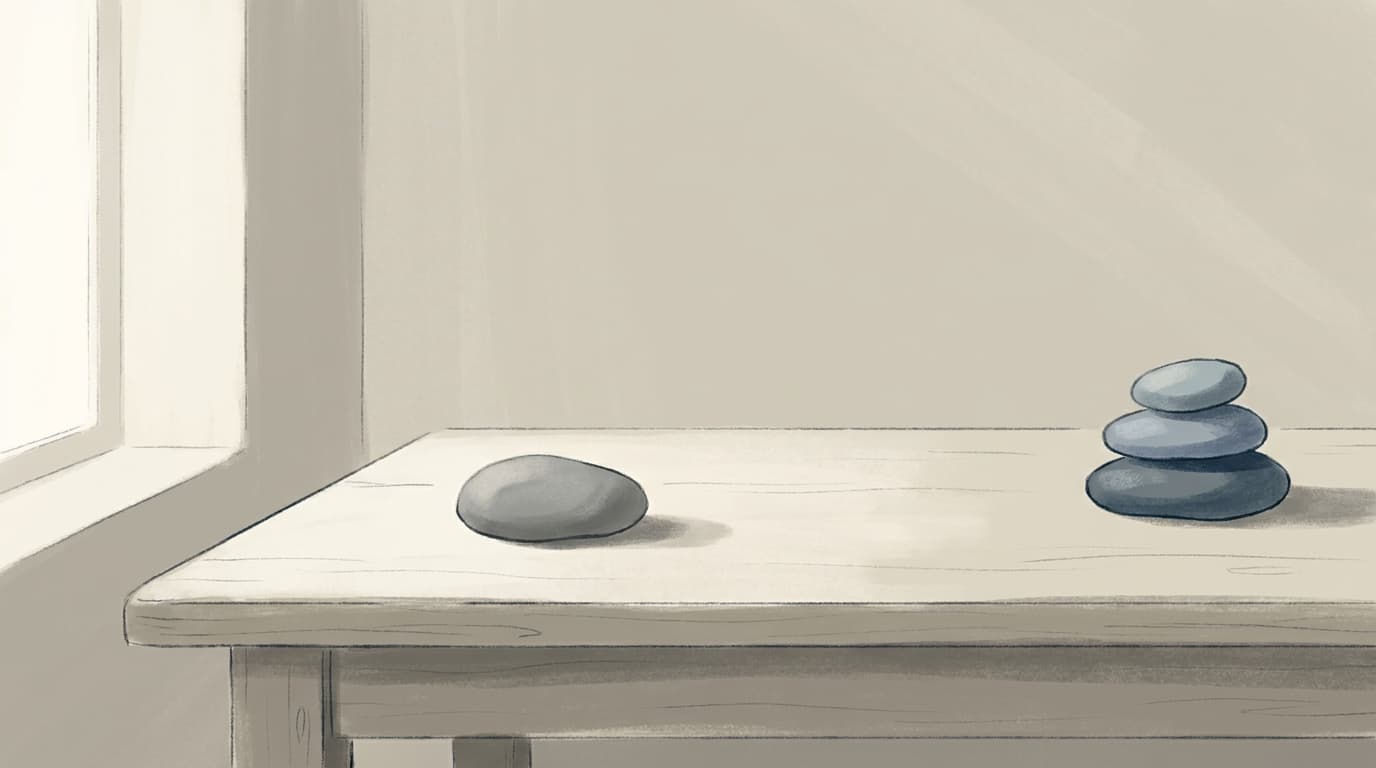 A single smooth stone balanced on a wooden surface beside a small stack of stones, morning light from a window.