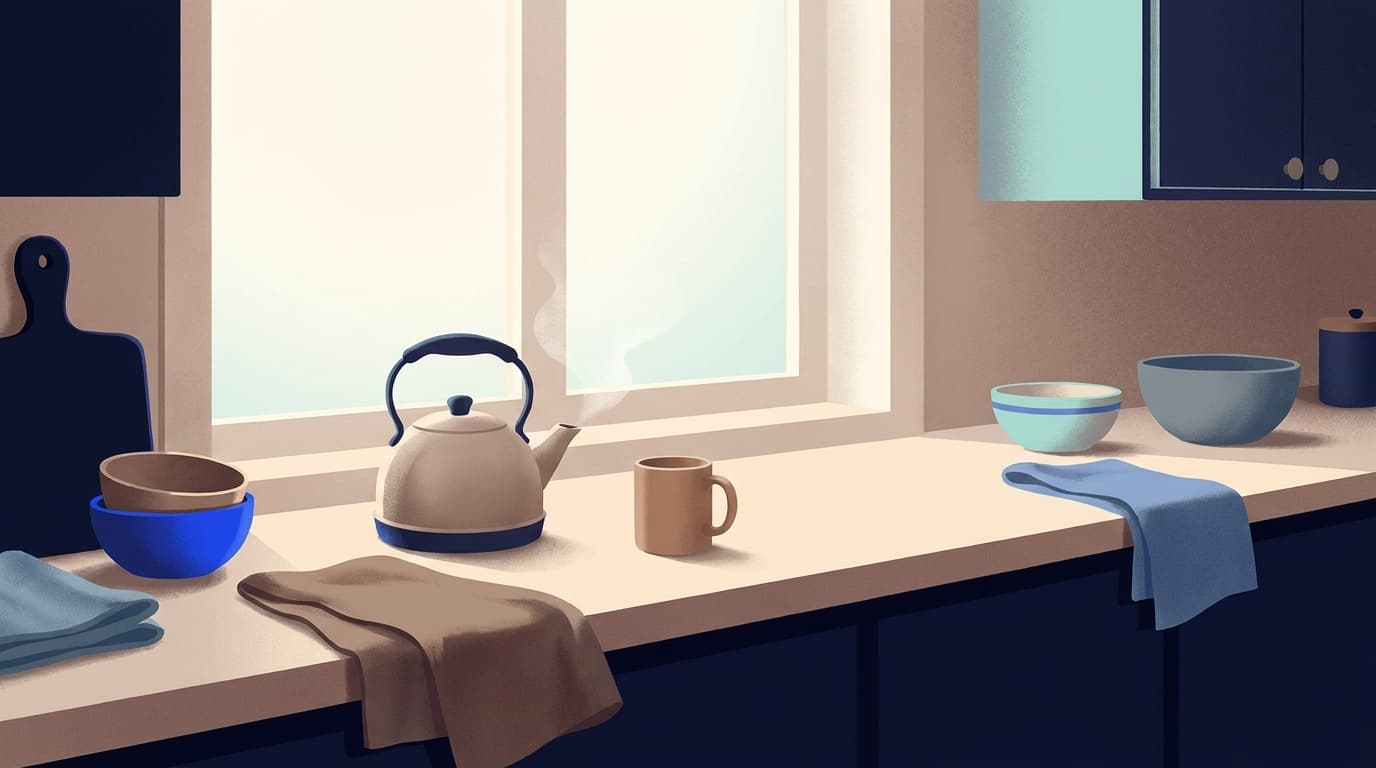 A kettle steaming gently on a kitchen worktop in morning light, with an empty mug waiting beside it