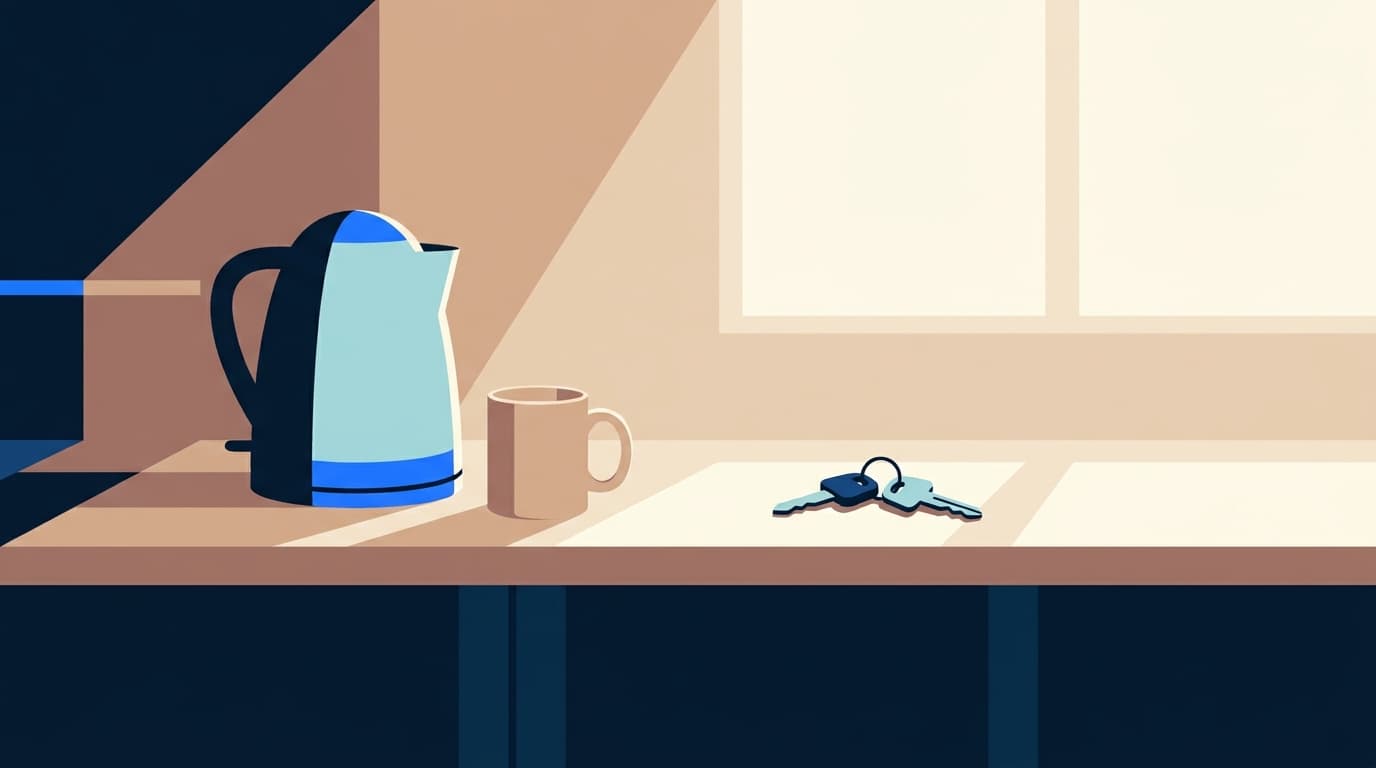 A kettle on a kitchen counter beside a single mug, morning light across the worktop.