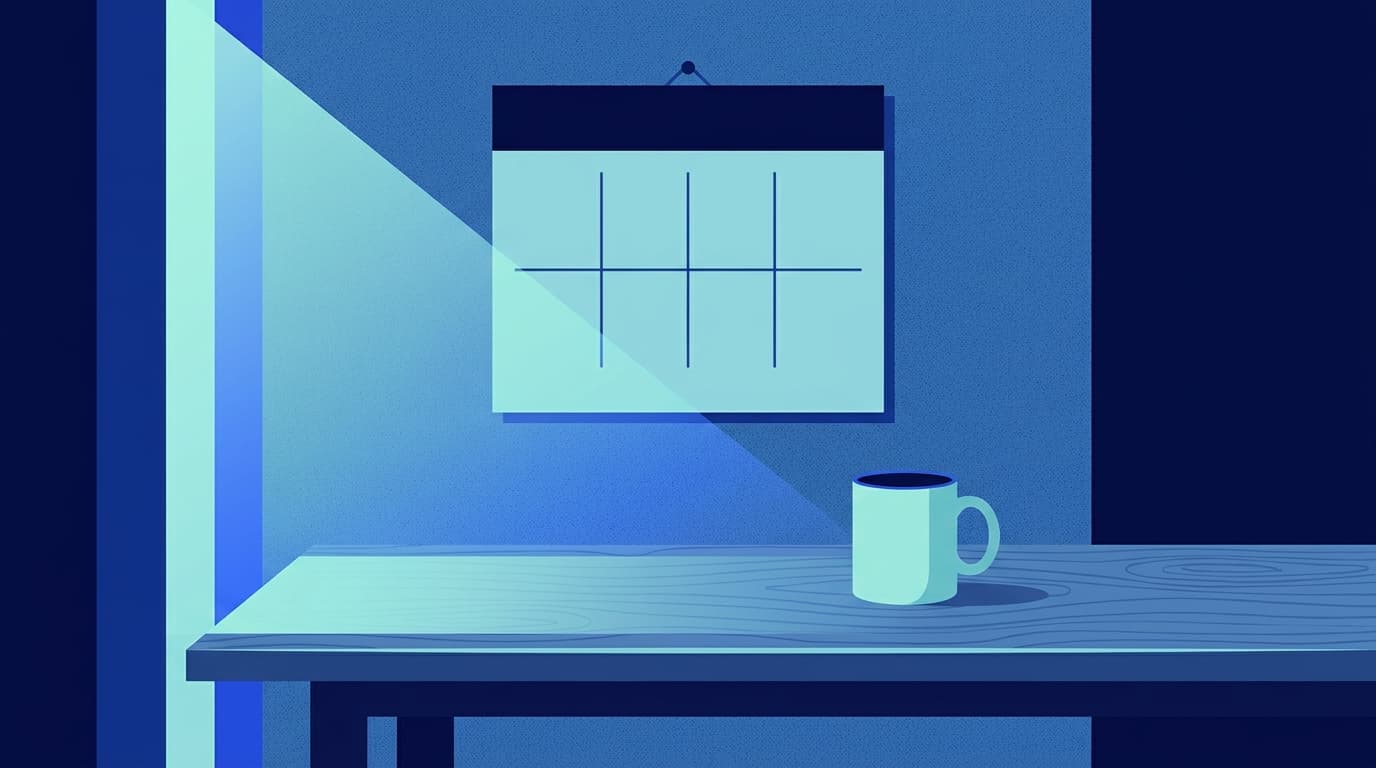 A calendar on a kitchen wall with four weeks marked, morning light across the table below