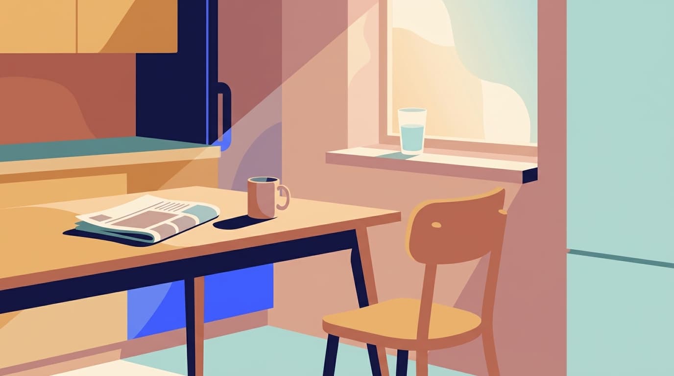 A quiet morning kitchen with a glass of water on a windowsill and a folded newspaper on the table.