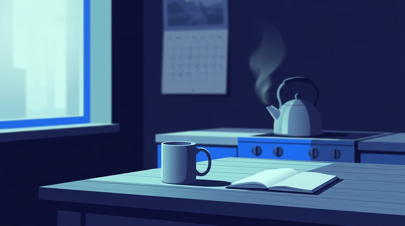 A kitchen table with a kettle, a mug and a small notebook in quiet morning light.