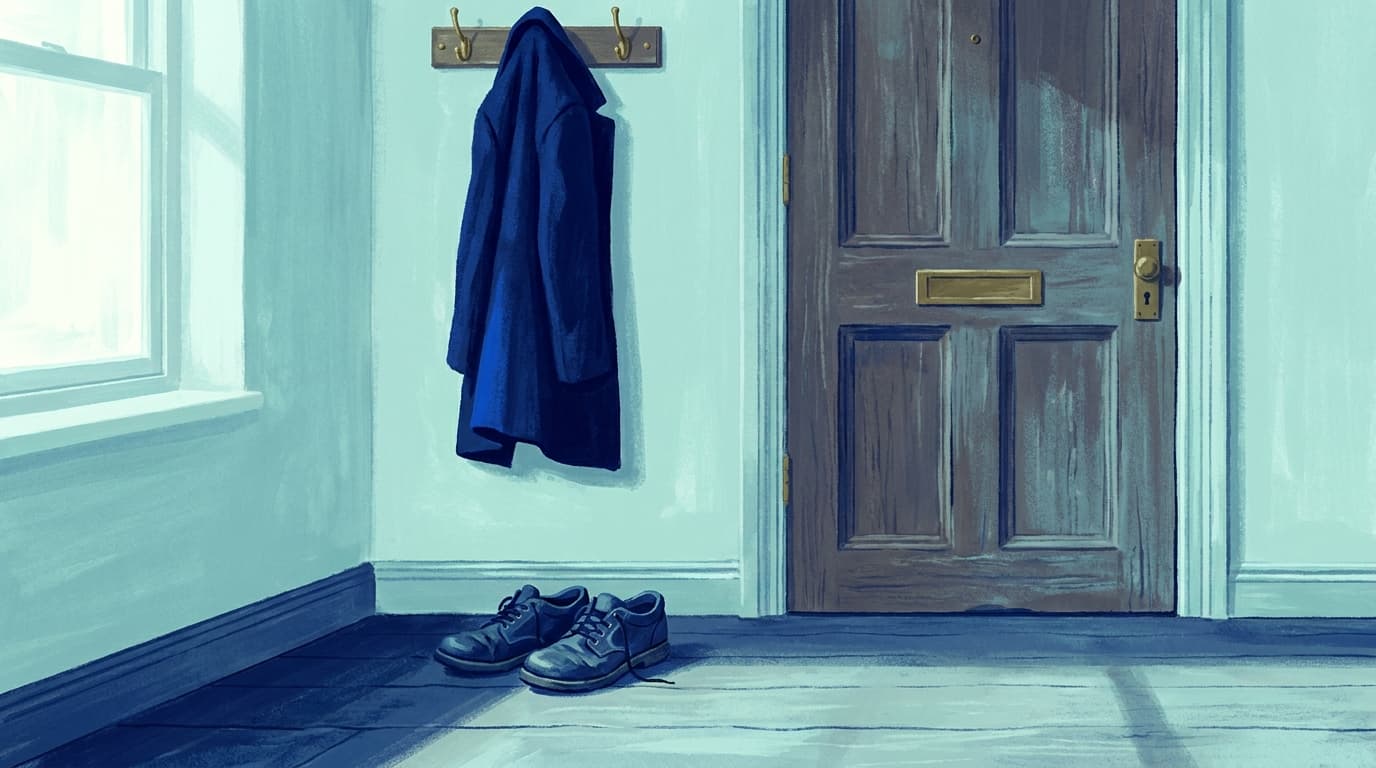 A pair of walking shoes by a front door, next to a folded coat