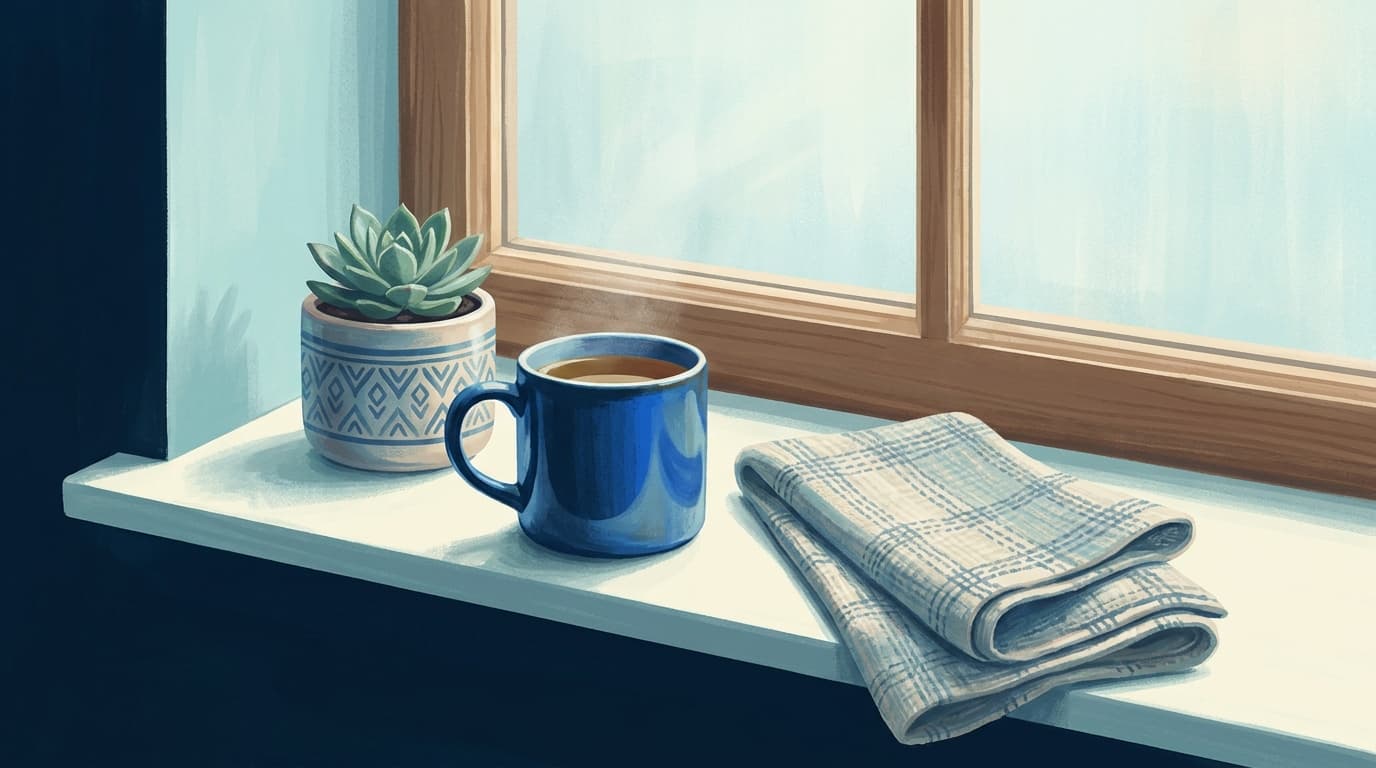 A calm kitchen windowsill with a mug and a small plant, morning light across the counter