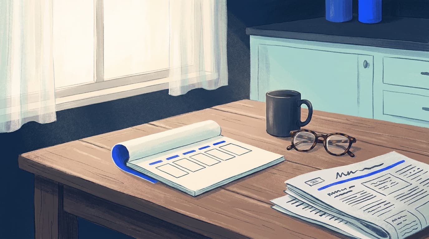 A simple seven-day wall calendar beside a mug and a pair of reading glasses on a kitchen table in morning light.