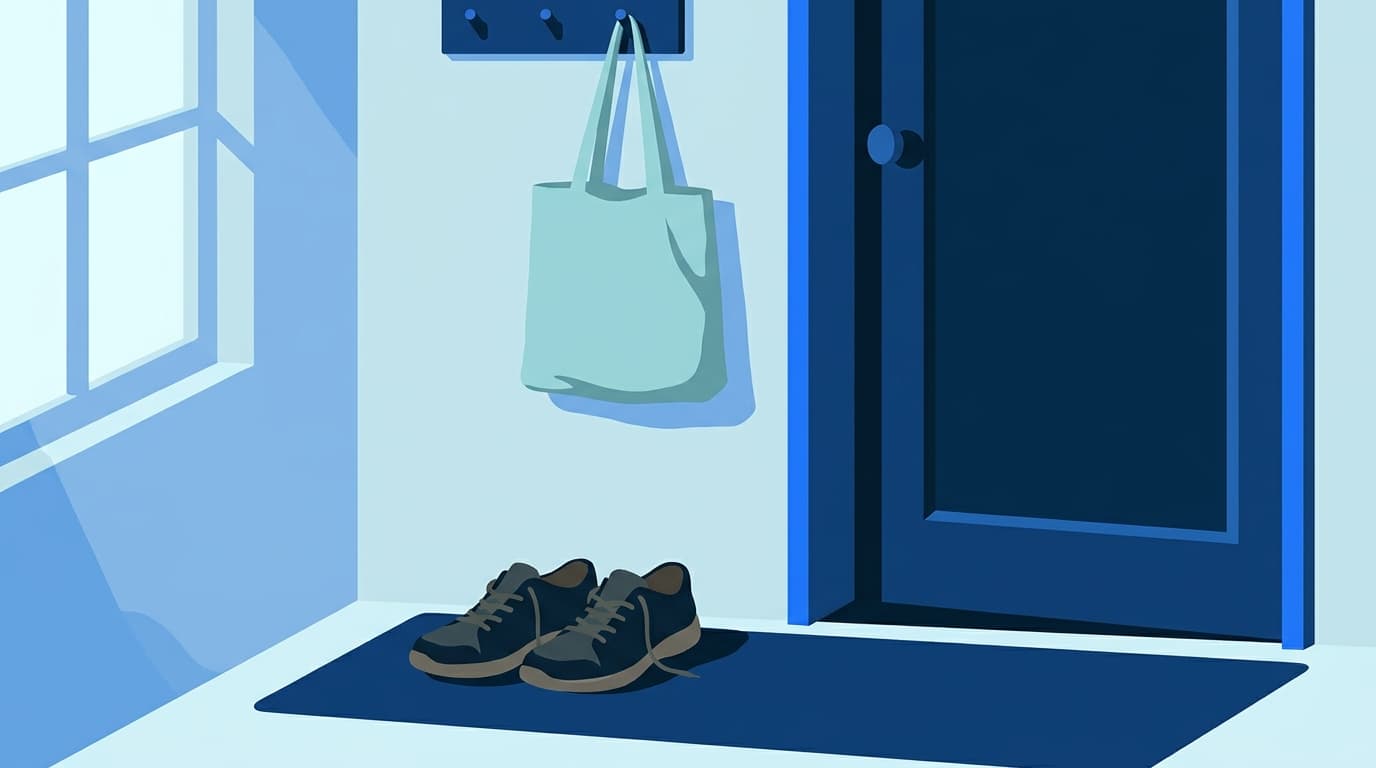 A pair of walking shoes by a door next to a cloth bag, in soft daylight