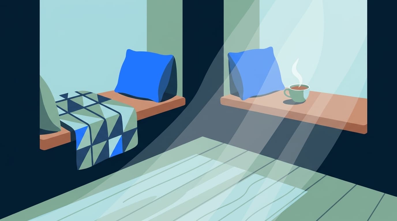 A quiet window seat with a folded blanket and a cup of tea, morning light across the floorboards