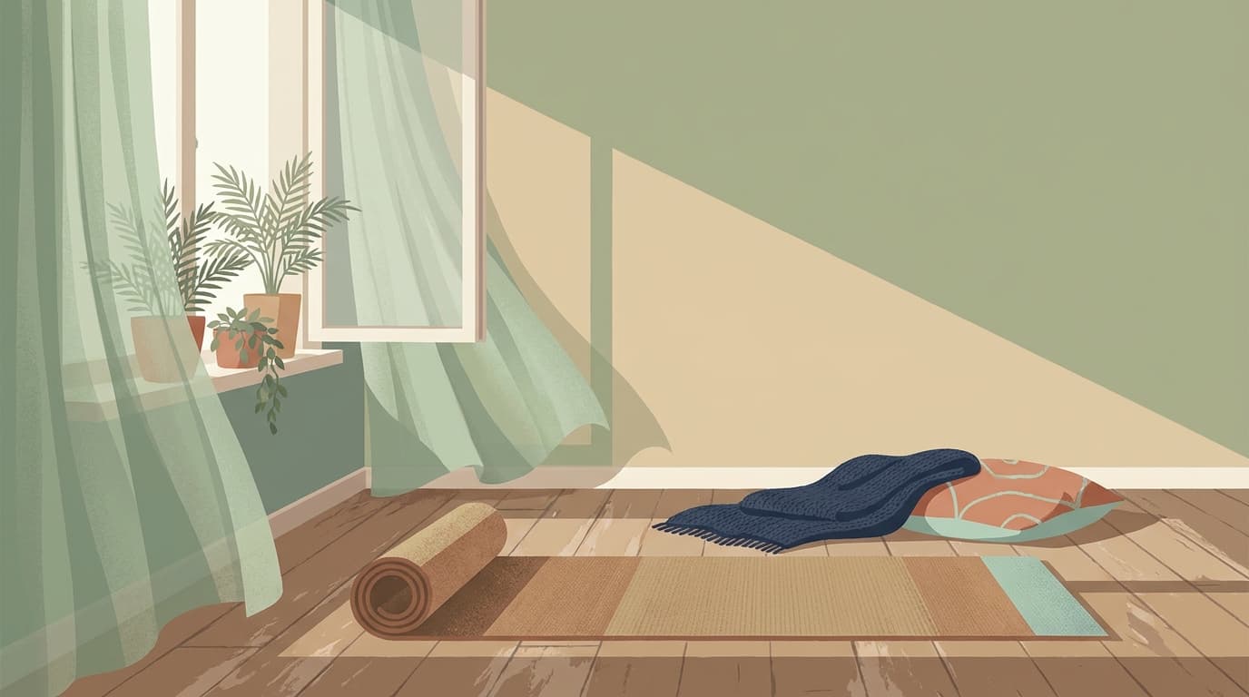 Une pièce calme avec un tapis déroulé au sol, un coussin et une couverture pliée près d'une fenêtre
