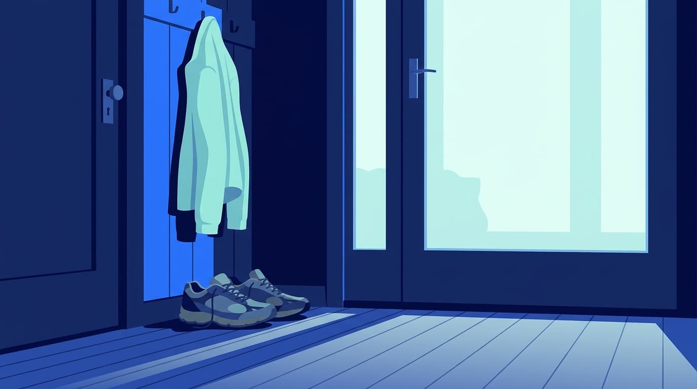 Une paire de chaussures de marche posée près d'une porte d'entrée, lumière calme